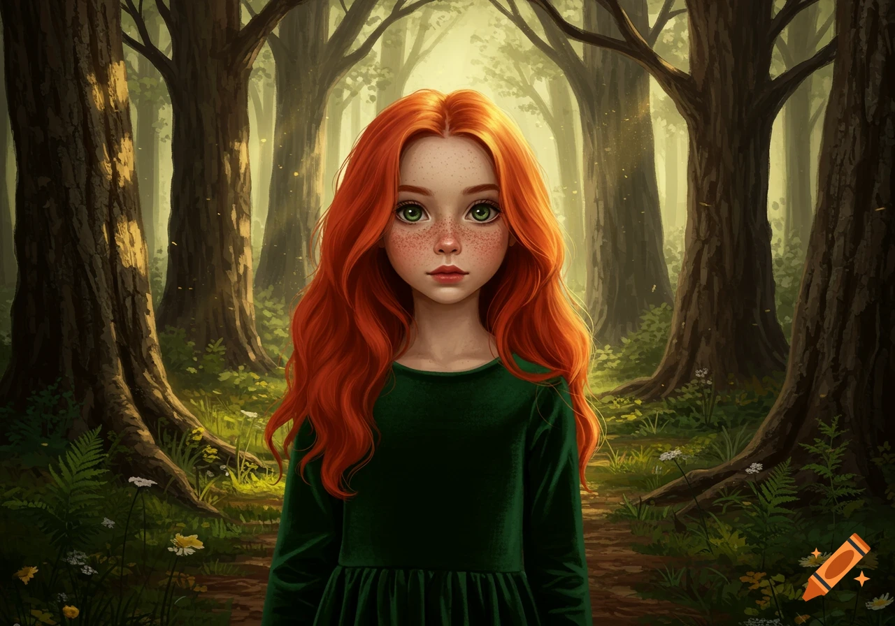 A stylized portrait of a young girl with vivid red hair, green eyes, and freckles, wearing a green dress in a forest.