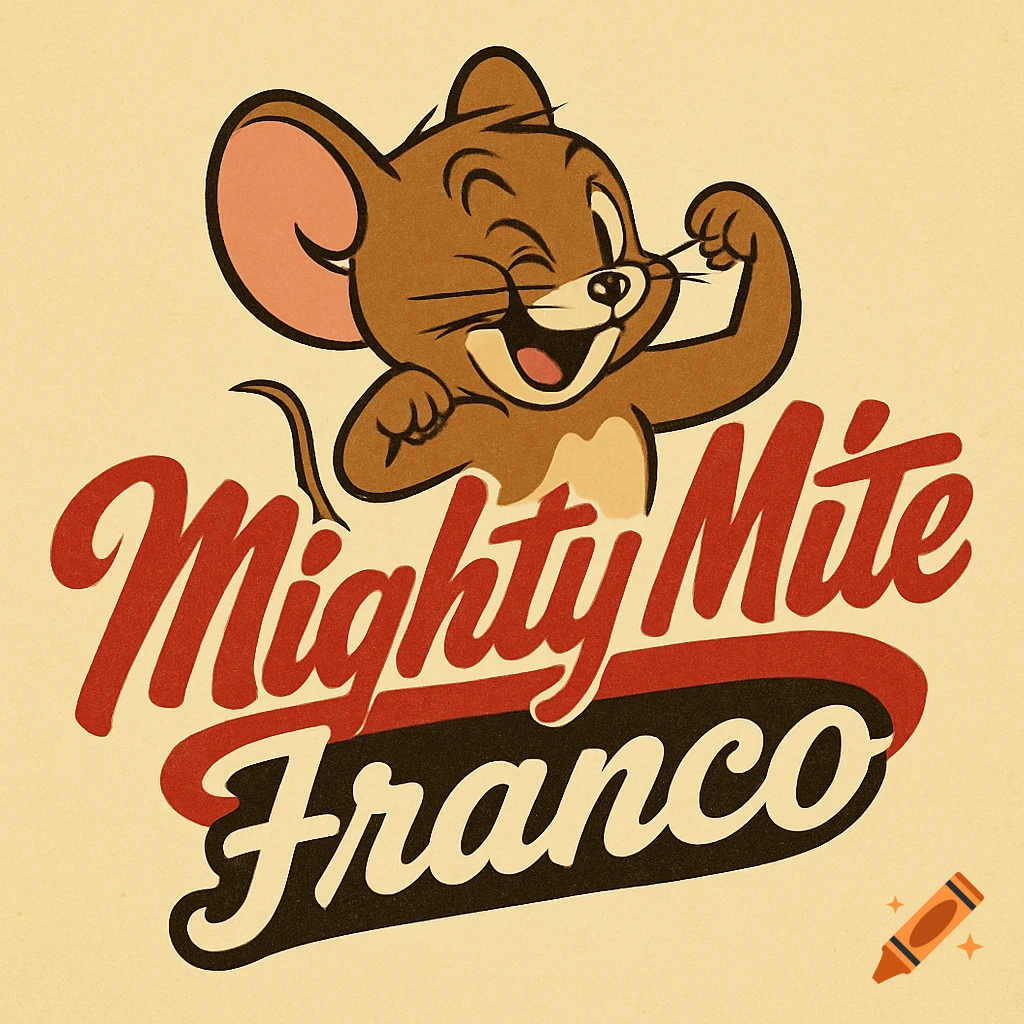 A 50s-style logo features Jerry the mouse from Tom and Jerry, flexing a bicep above the text "Mighty Mite Franco" in red and white.