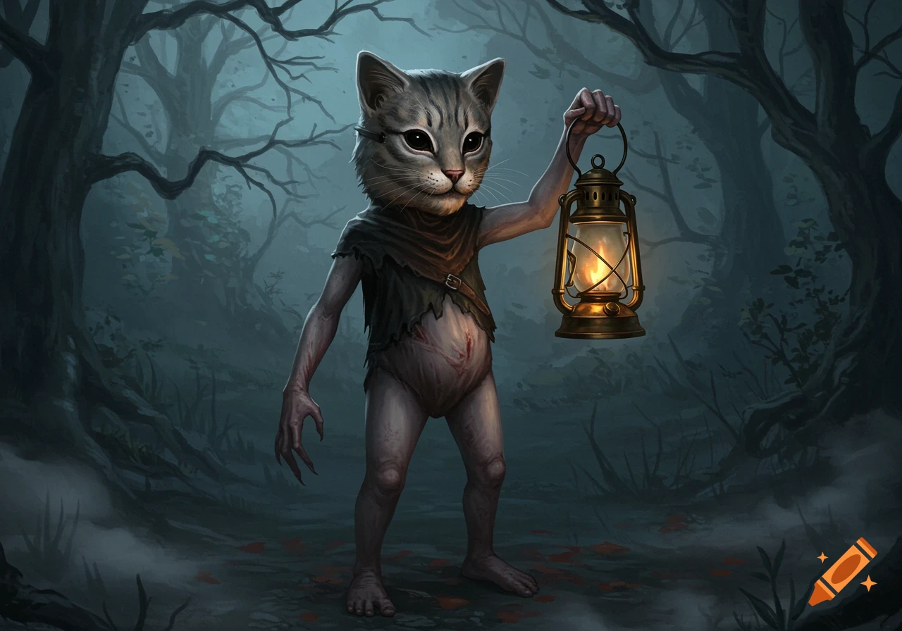 A horror-themed, realistic painting of a humanoid creature with a cat head holding a lantern in a dark, misty forest.