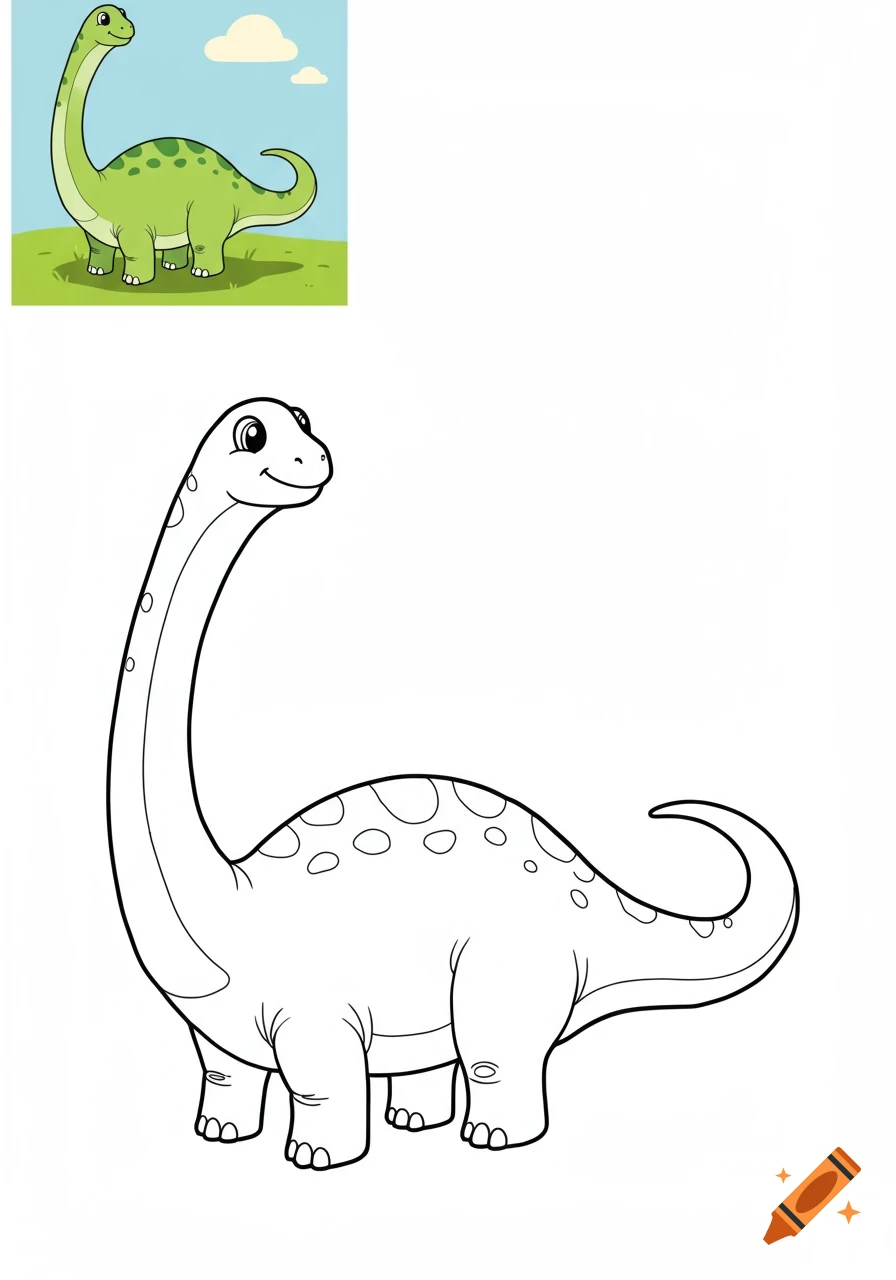 A cute cartoon green long-necked dinosaur stands in a field next to a large black and white outline of the same dinosaur.