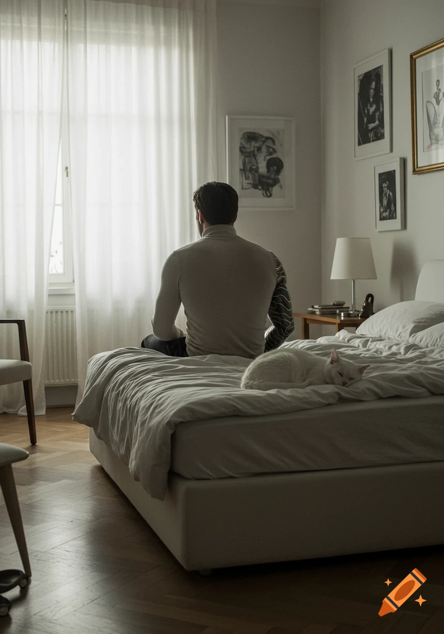 A man sits on the edge of a bed with his back to the viewer, looking out a window. A white cat sleeps on the bed beside him.
