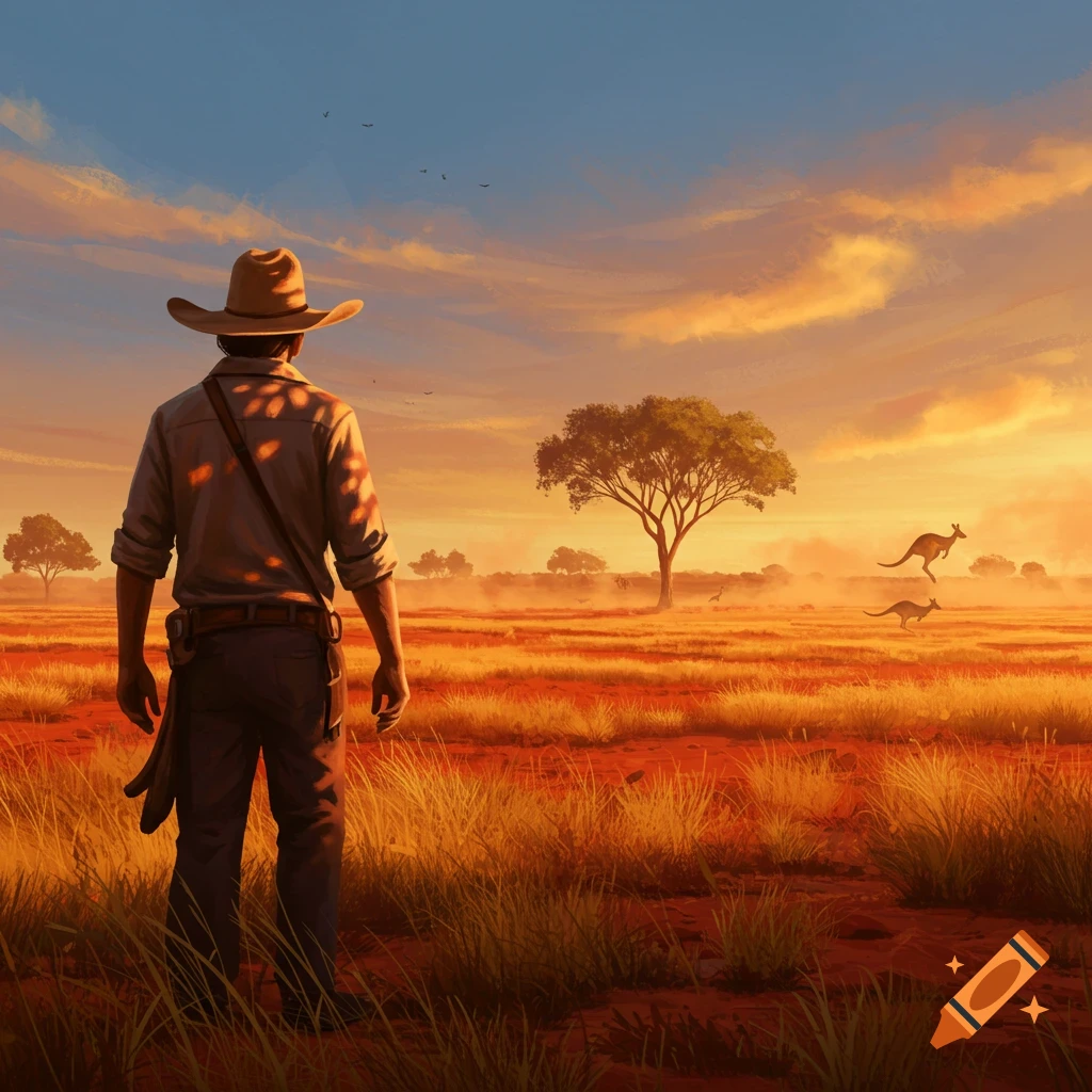 A person in a wide-brimmed hat stands in a vast, golden-hour Australian landscape with kangaroos, painterly style.