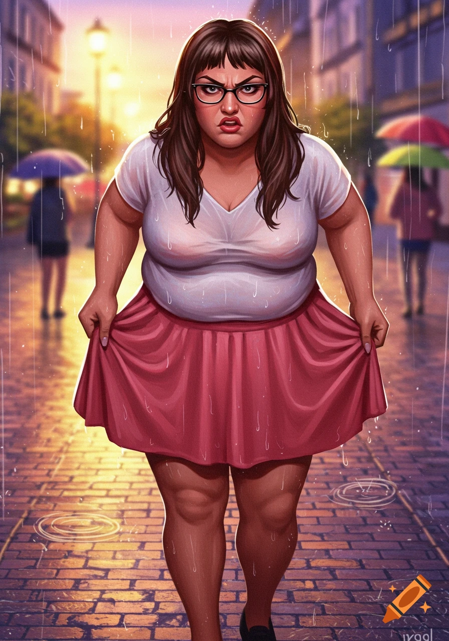 An angry, plus-sized woman with brown hair and glasses stands in the rain on a street, holding up her wet pink skirt.