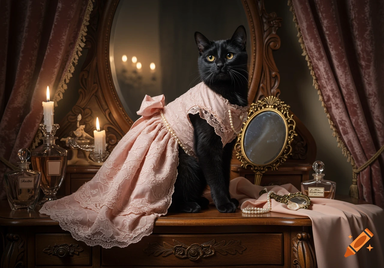 A black cat sits on a wooden vanity table, wearing a pink lace dress with pearls, surrounded by candles and perfume bottles.