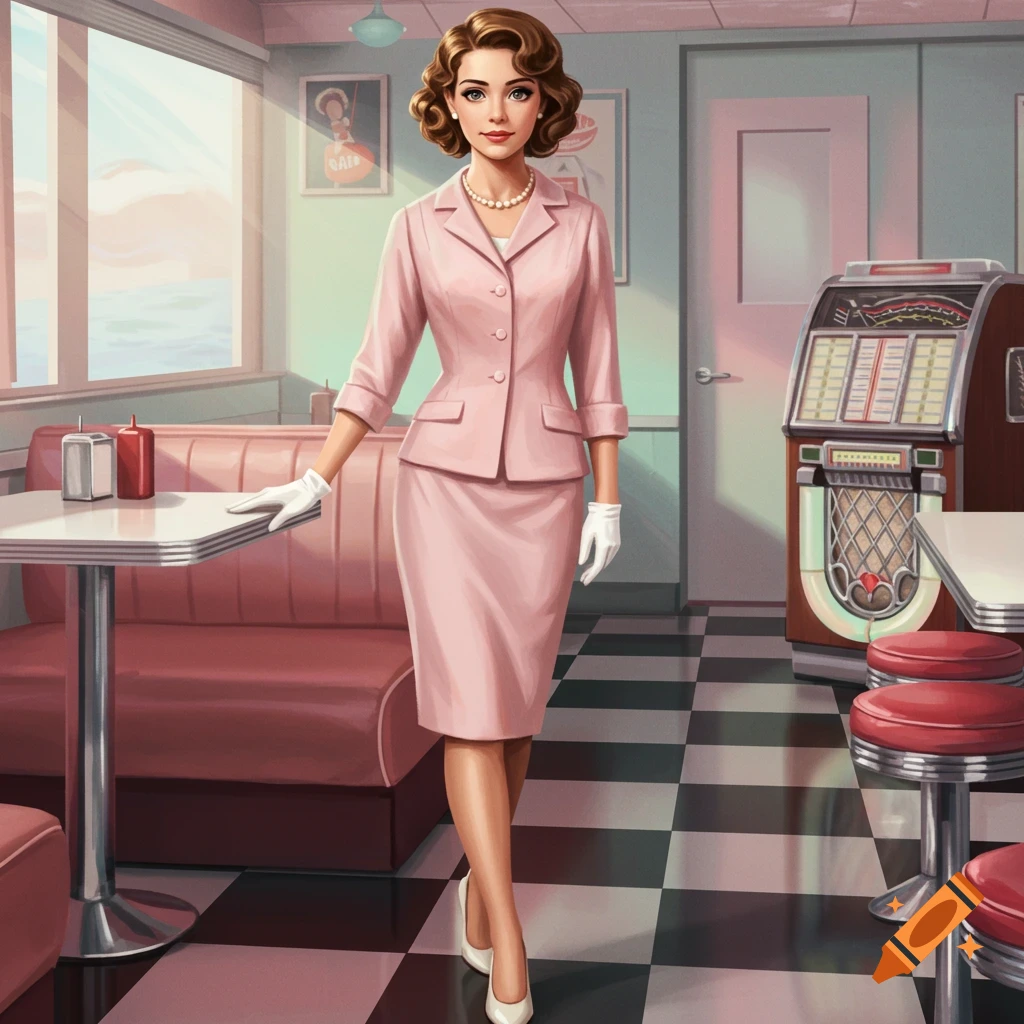 A young woman in a pink suit and white gloves stands in a retro 1950s diner with a checkered floor.