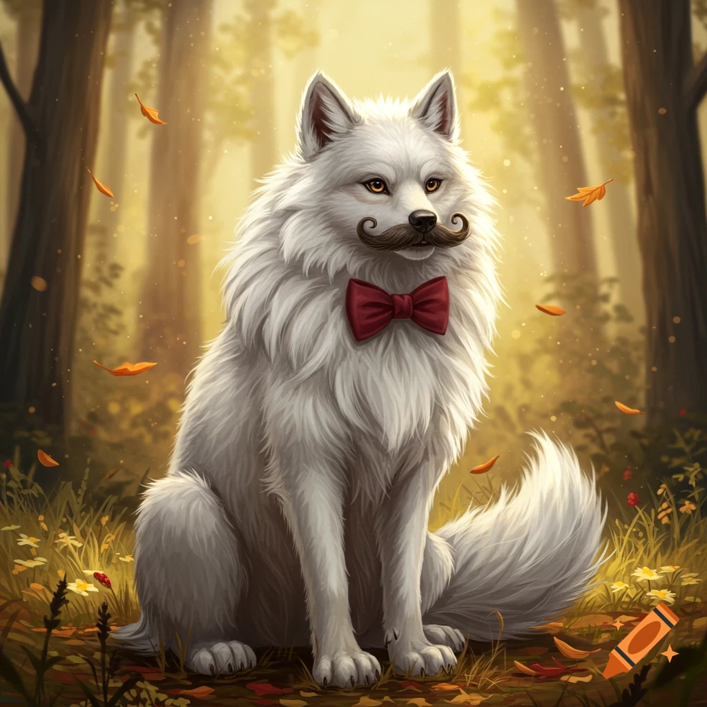 A fluffy white wolf with a curled mustache and a red bow tie sits in a sunlit autumn forest with falling leaves.