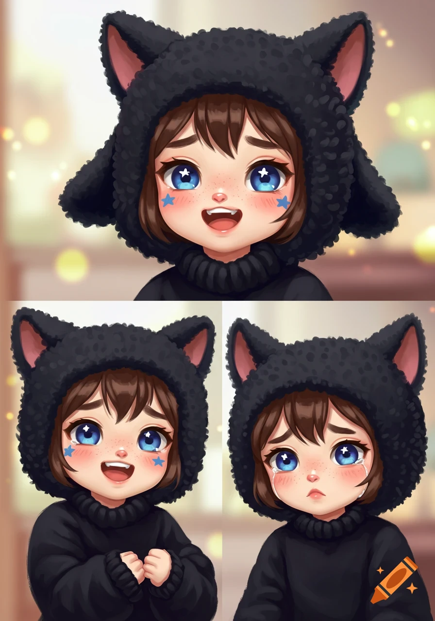 Chibi character with brown hair, blue star eyes, and freckles wears a black cat hat. Displays happy and crying expressions.