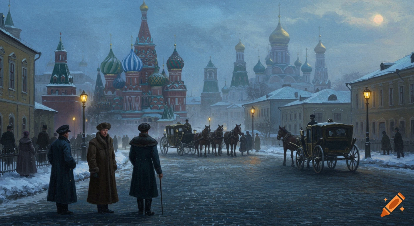 An oil painting of a foggy, snow-dusted street in late Imperial Russia with onion-domed cathedrals, horse-drawn carriages, and people.