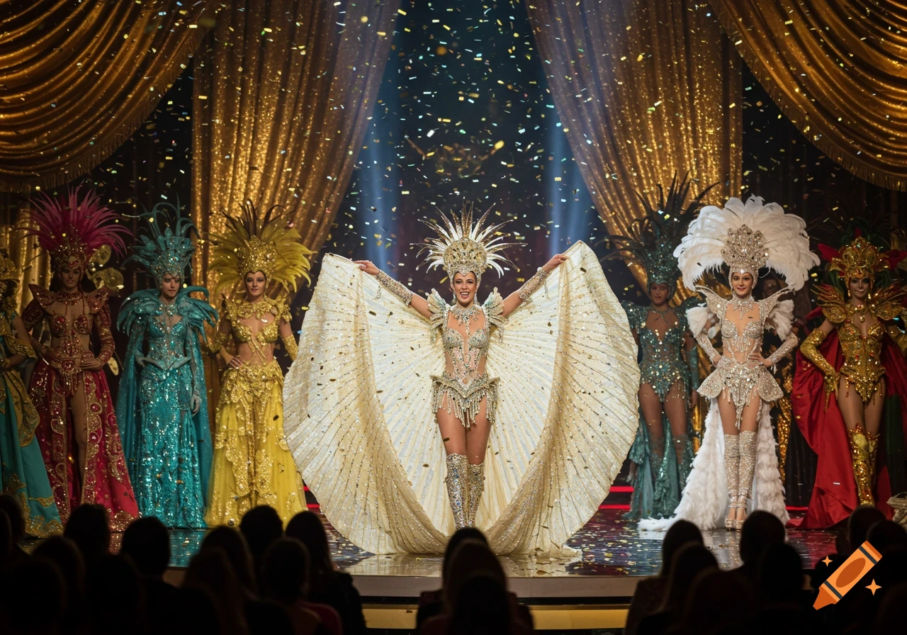 Performers in elaborate, sparkling costumes on a grand stage with golden curtains and falling confetti, seen from an audience perspective.
