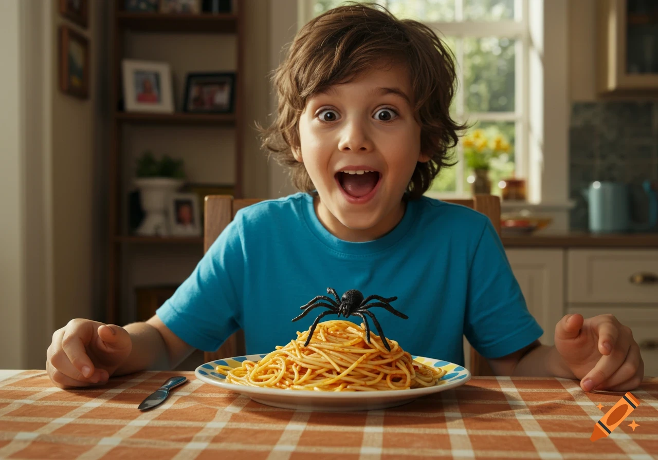A wide-eyed child reacting with surprise to a toy spider on a plate of spaghetti, sitting at a kitchen table.