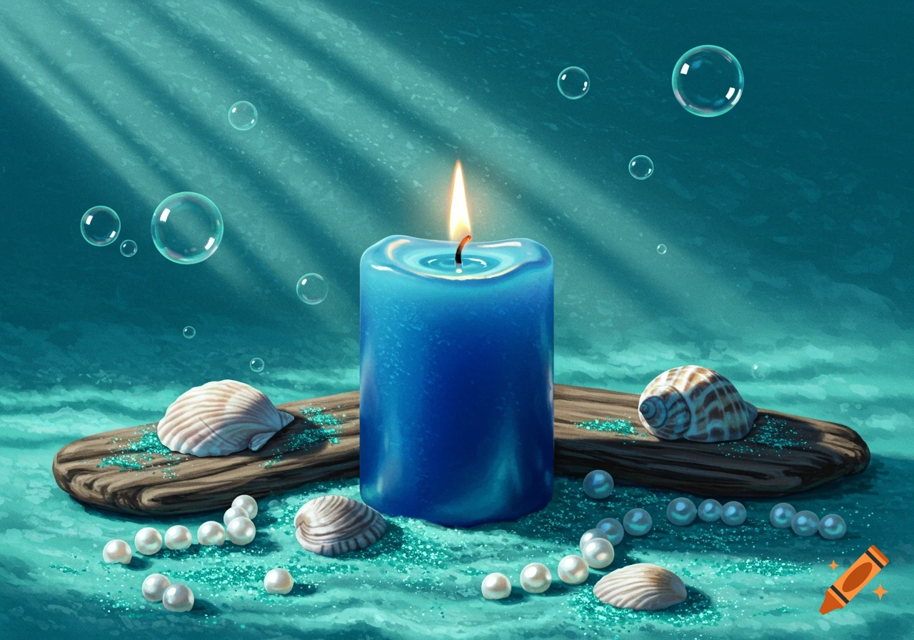 A blue lit candle surrounded by seashells, pearls, and glitter on an ocean floor, with bubbles and light rays above.