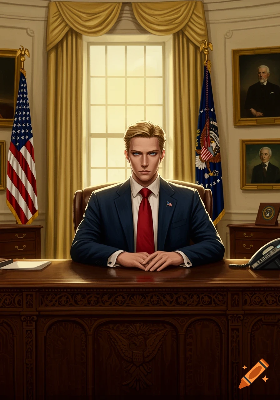 A young man with blonde hair and blue eyes, wearing a navy suit and red tie, sits behind a large wooden desk in an office with US flags and portraits. Illustrated style.