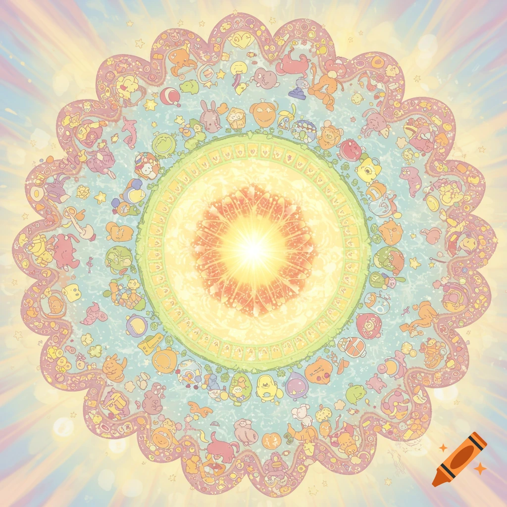A vibrant, intricate cartoon mandala featuring an arrangement of cute, whimsical characters and objects in concentric circles, with a glowing yellow and orange center radiating colorful light.