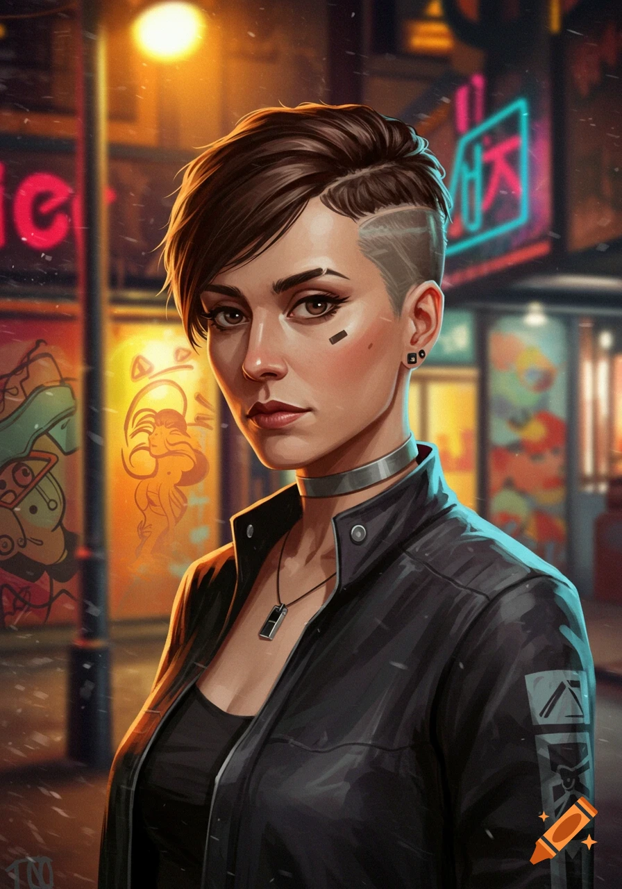 A stylized digital art portrait of a woman with an undercut haircut and black leather jacket in a neon-lit cyberpunk city.