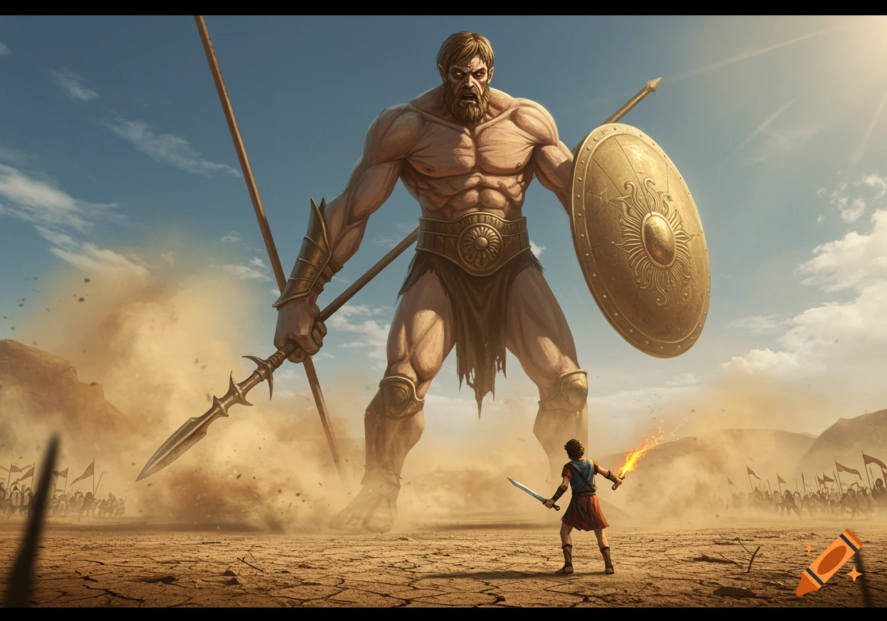 A giant warrior holding a spear and shield faces a much smaller warrior holding a sword and a fiery object in a vast desert landscape.
