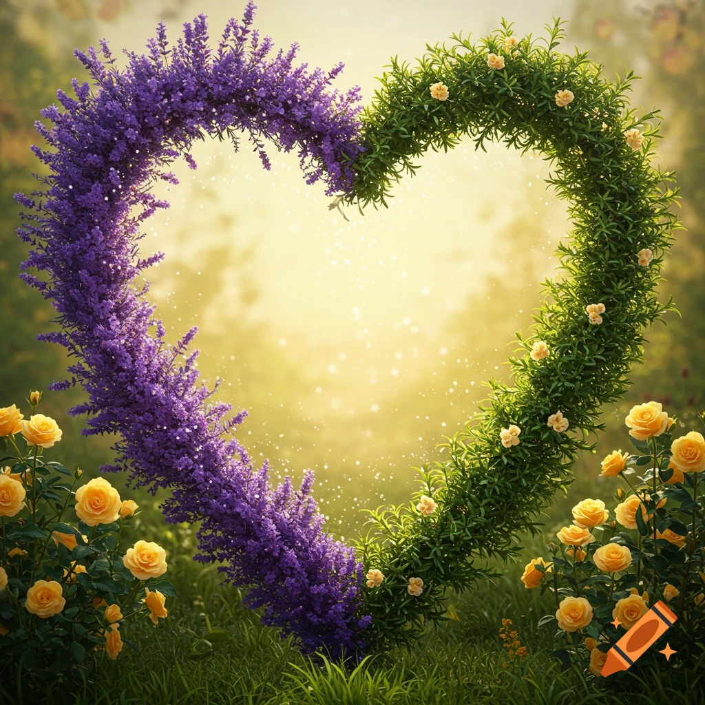 A heart-shaped garden gate, with one side of purple lavender and the other of green foliage, surrounded by yellow roses.