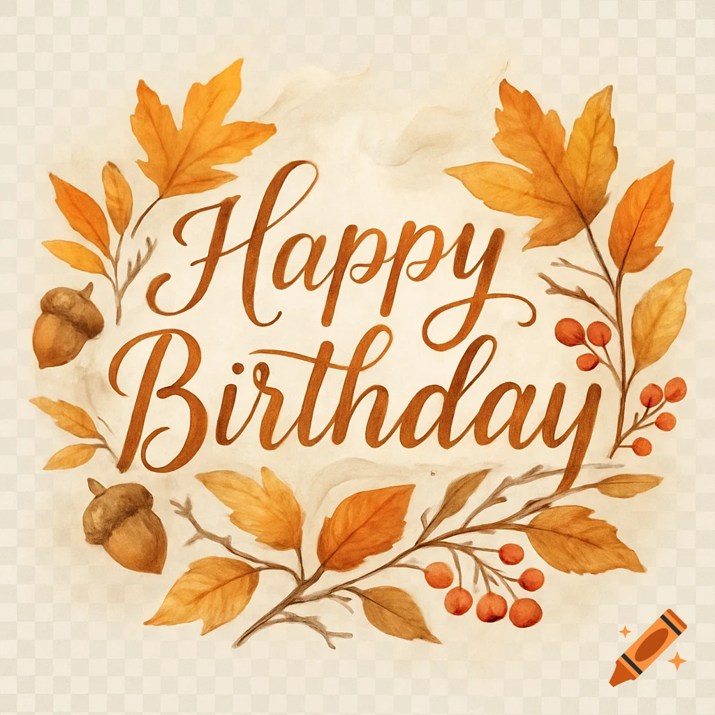 Calligraphic 'Happy Birthday' surrounded by watercolor autumn leaves, acorns, and berries on a transparent background.