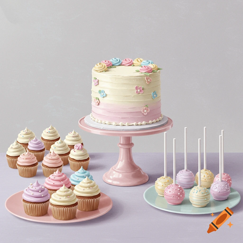 Pastel cakes, cupcakes, and cake pops on pink and blue plates against a light background.
