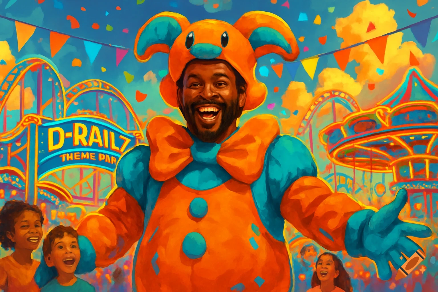 A joyful man in an orange and blue mascot costume stands at a vibrant theme park with children, in a colorful painterly style.