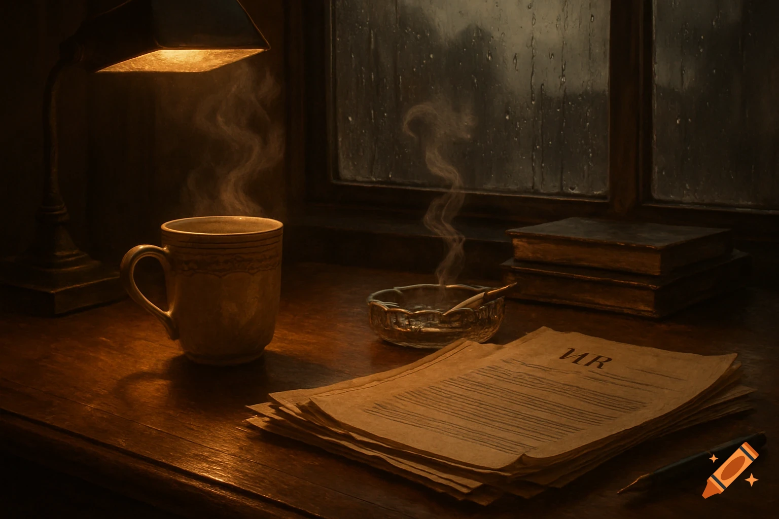 A moody, dimly lit desk with a steaming coffee mug, a lit cigarette in an ashtray, and papers with 'HR' text by a rainy window.