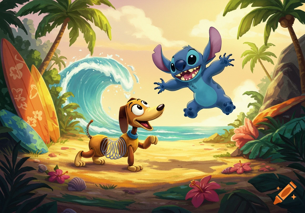 Slinky Dog and Stitch happily interact on a tropical beach with a large wave and palm trees in a vibrant cartoon style.