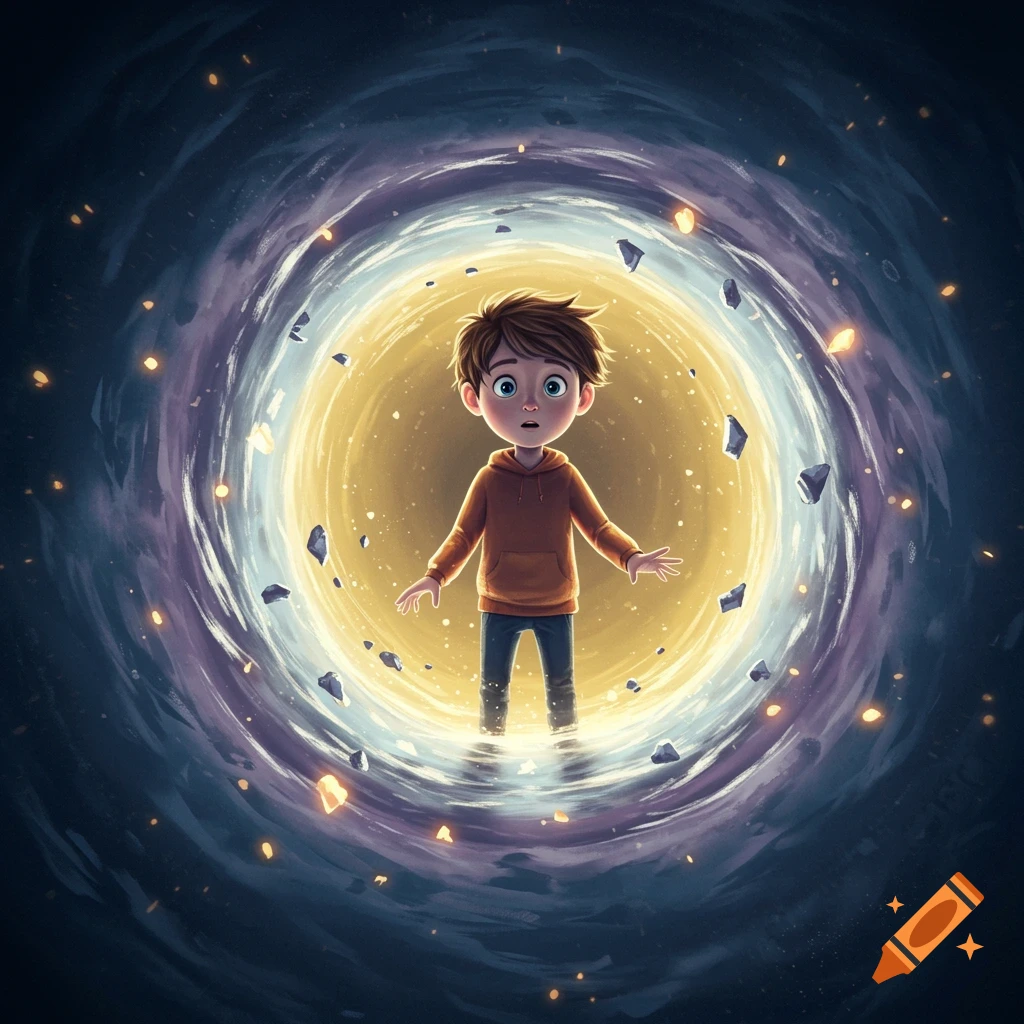 A cartoon boy with wide eyes stands in the center of a swirling, glowing blue and yellow portal, with debris floating around him.