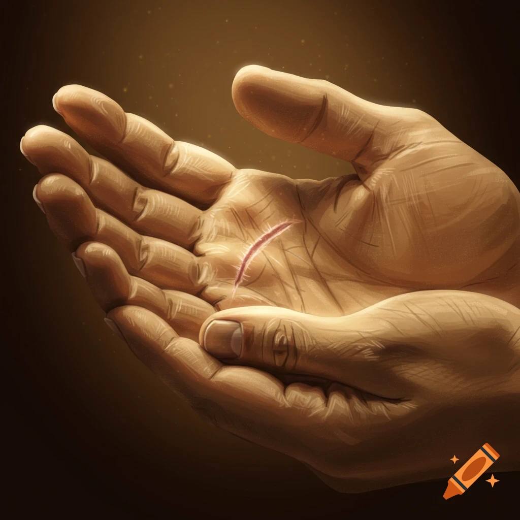 A close-up drawing of a hand with a stylized, glowing red scar on the palm, against a dark, warm background.