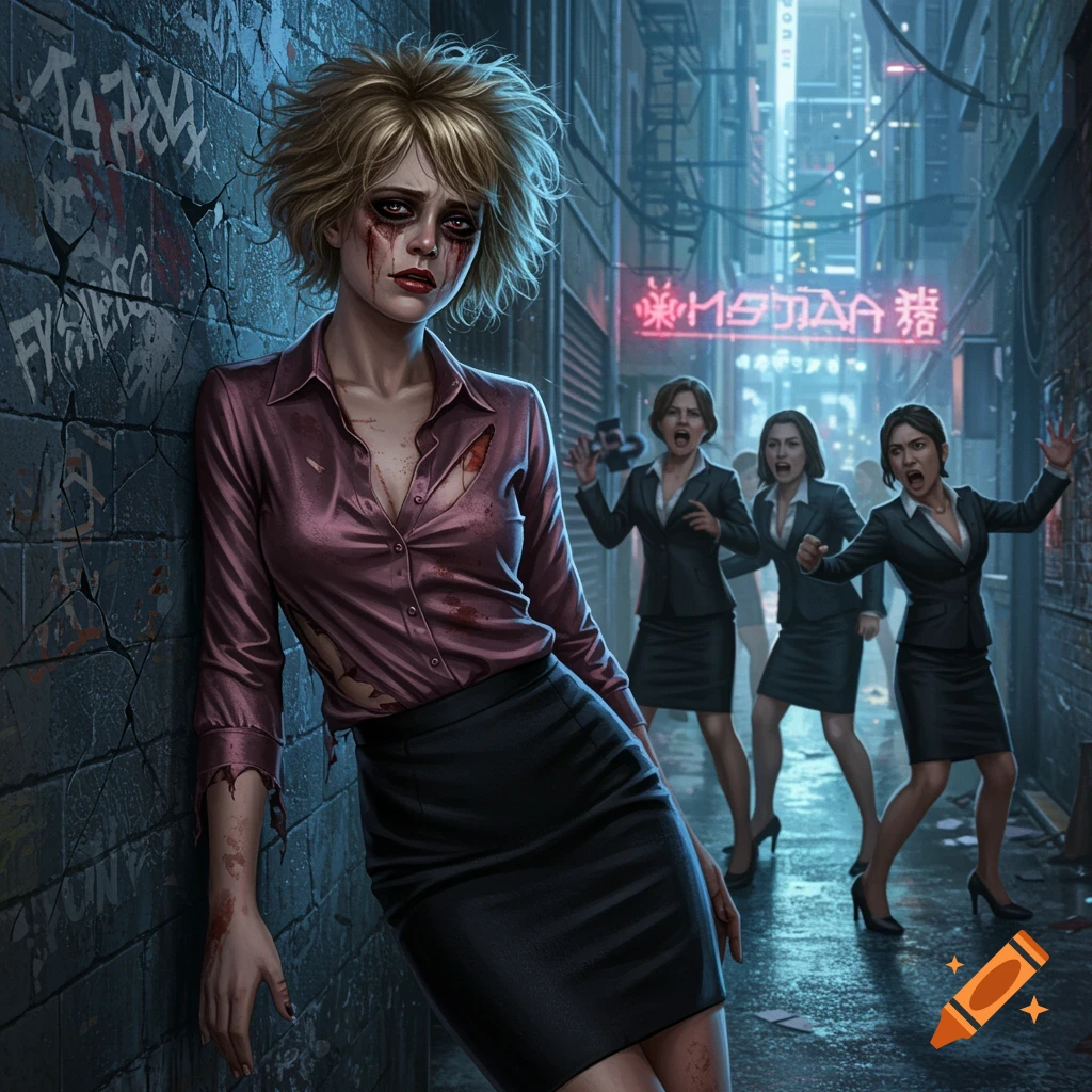 A disheveled woman with bloody makeup and torn clothes leans against a graffiti-covered wall in a dark, neon-lit alley as businesswomen scream behind her.