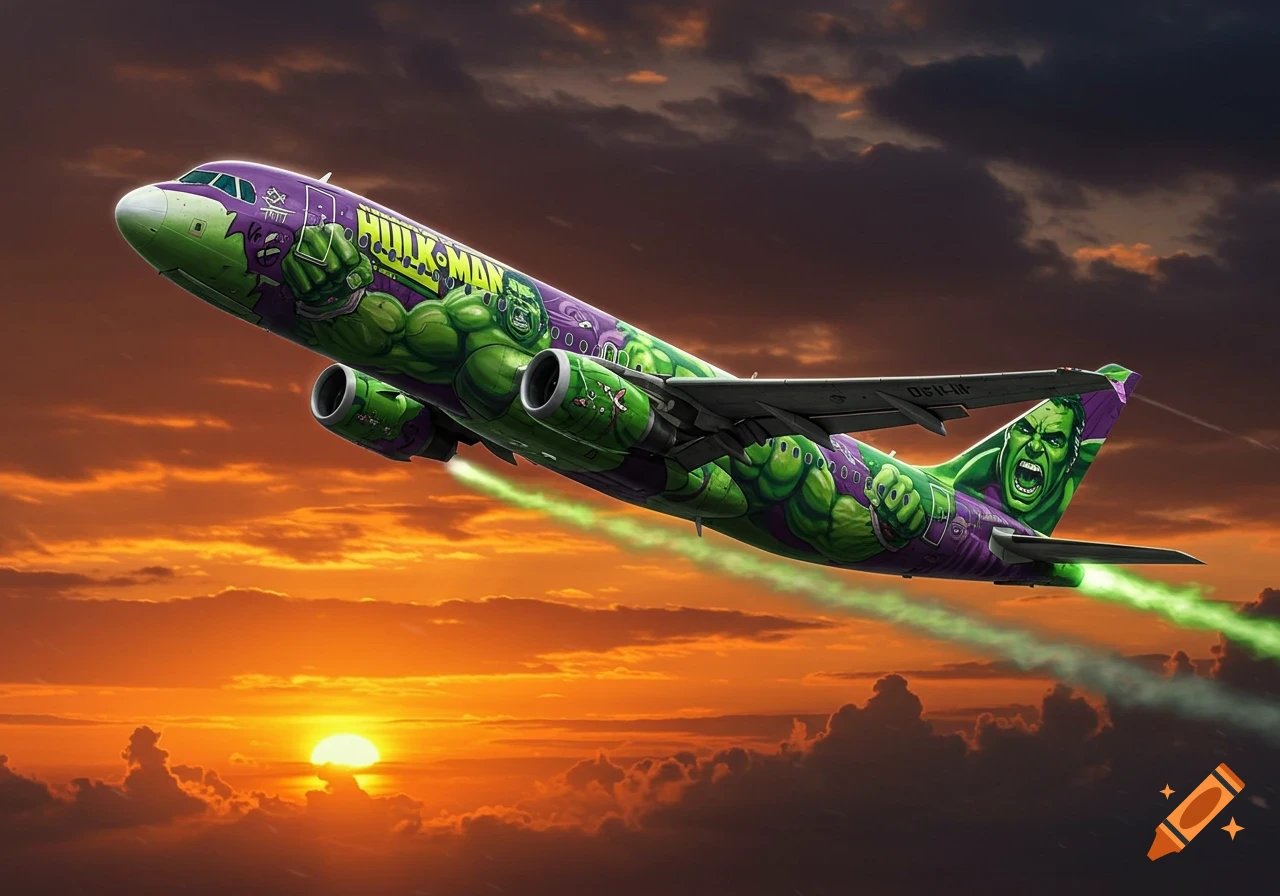 A vibrant green and purple airplane, themed with Hulk imagery, flies against a dramatic sunset sky. Green exhaust trails stream from its engines.