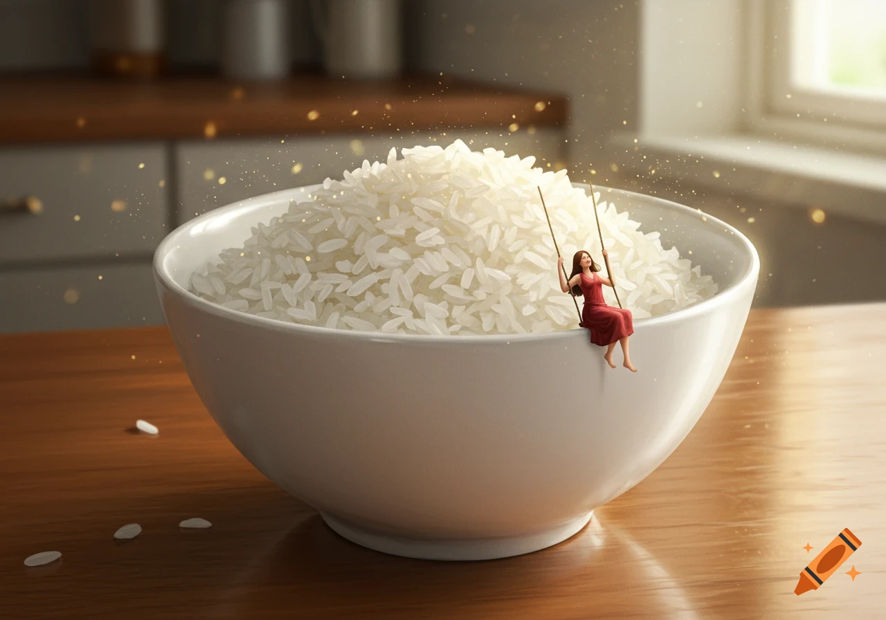 A tiny woman in a red dress swings on sticks attached to the rim of a white bowl overflowing with rice, in a sunlit kitchen.