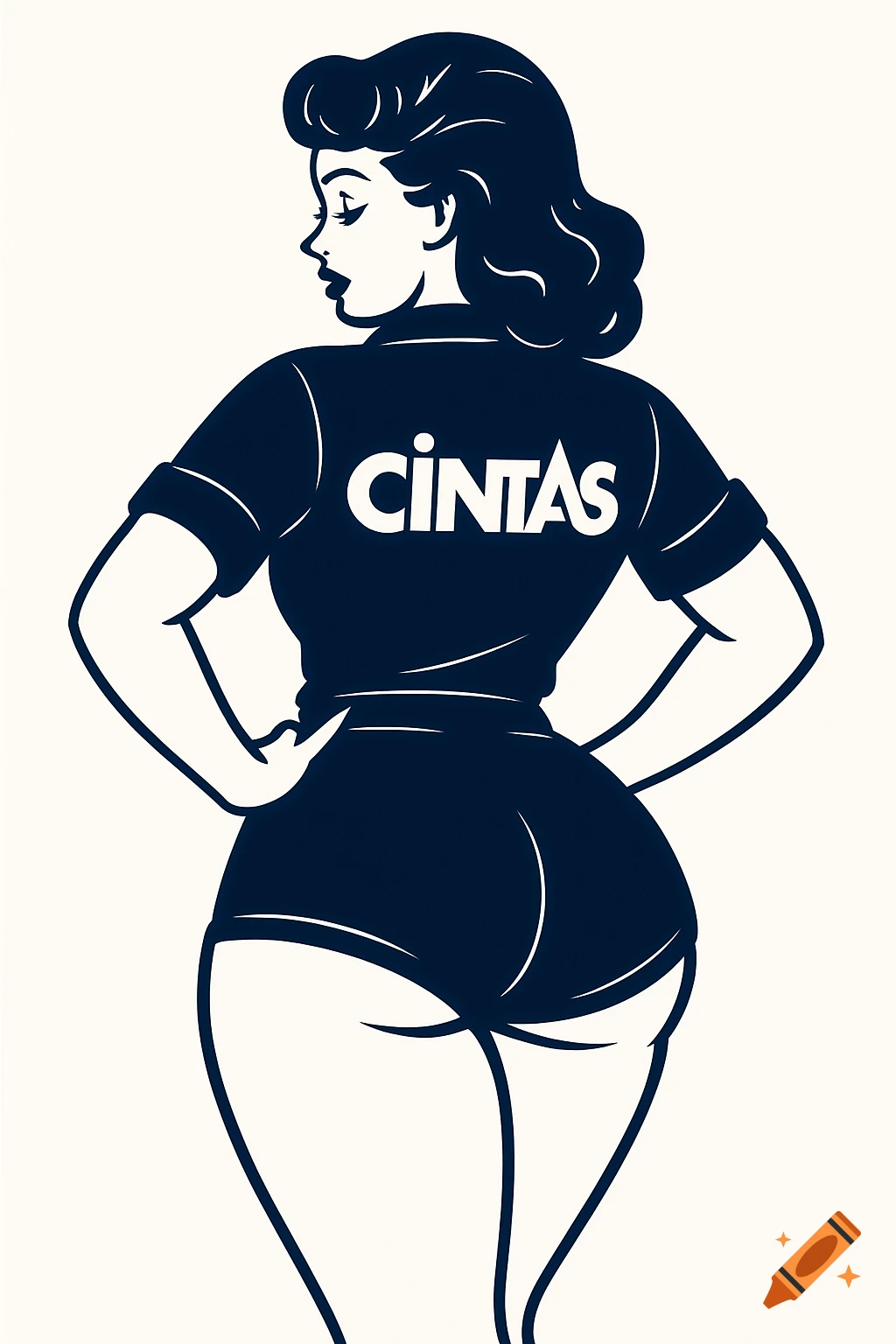 Pin-up style illustration of a curvy woman in navy shorts and a shirt with 'CINTAS' on the back, seen from behind.