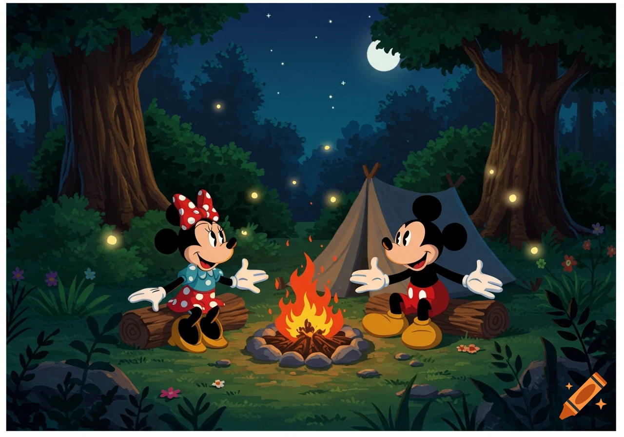 Mickey and Minnie Mouse camp in a forest at night, sitting by a campfire next to a tent under a full moon in an 80s cartoon style.