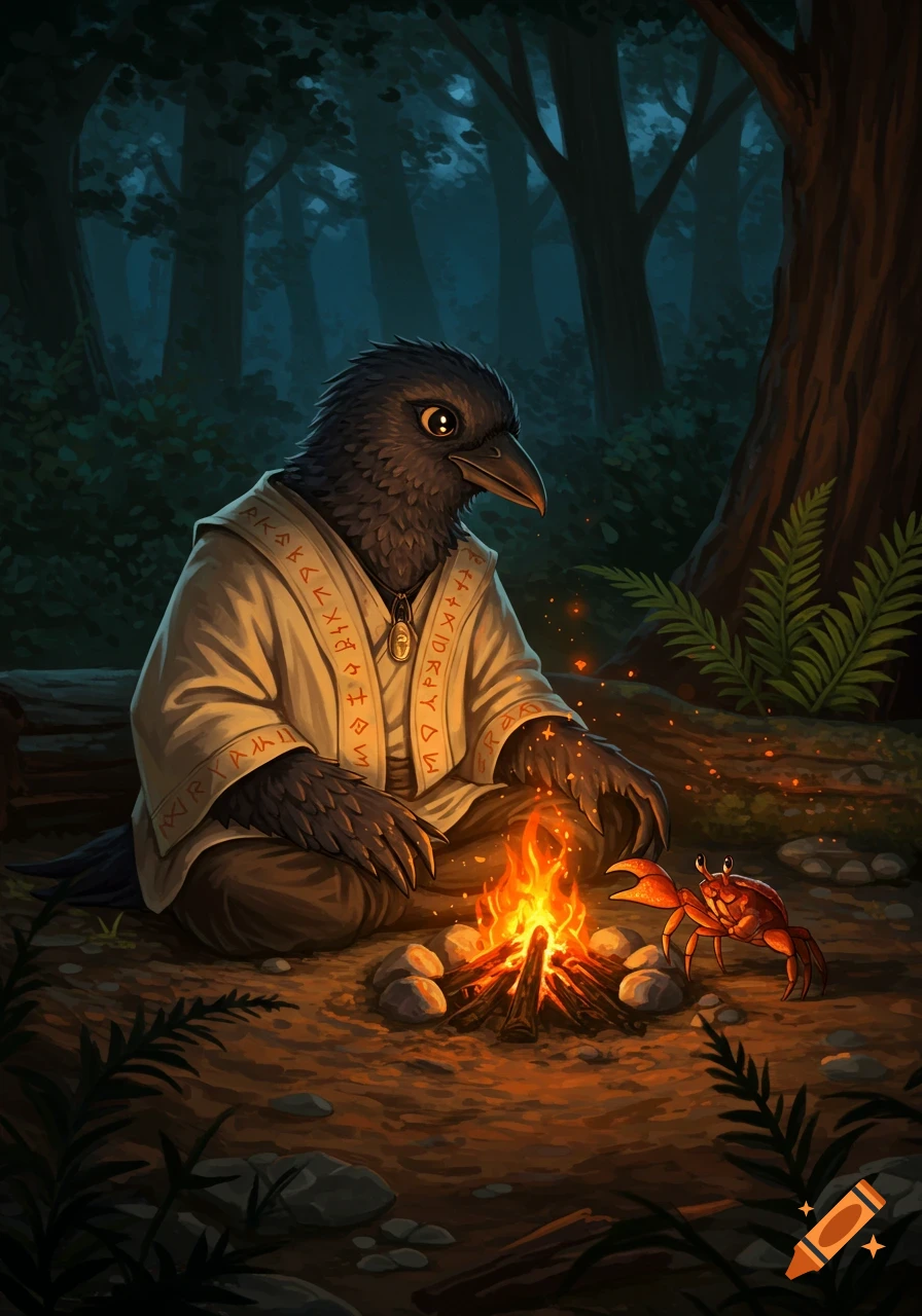 A fantastical crow-like creature in robes sits by a glowing campfire, looking at a small red crab in a dark forest illustration.