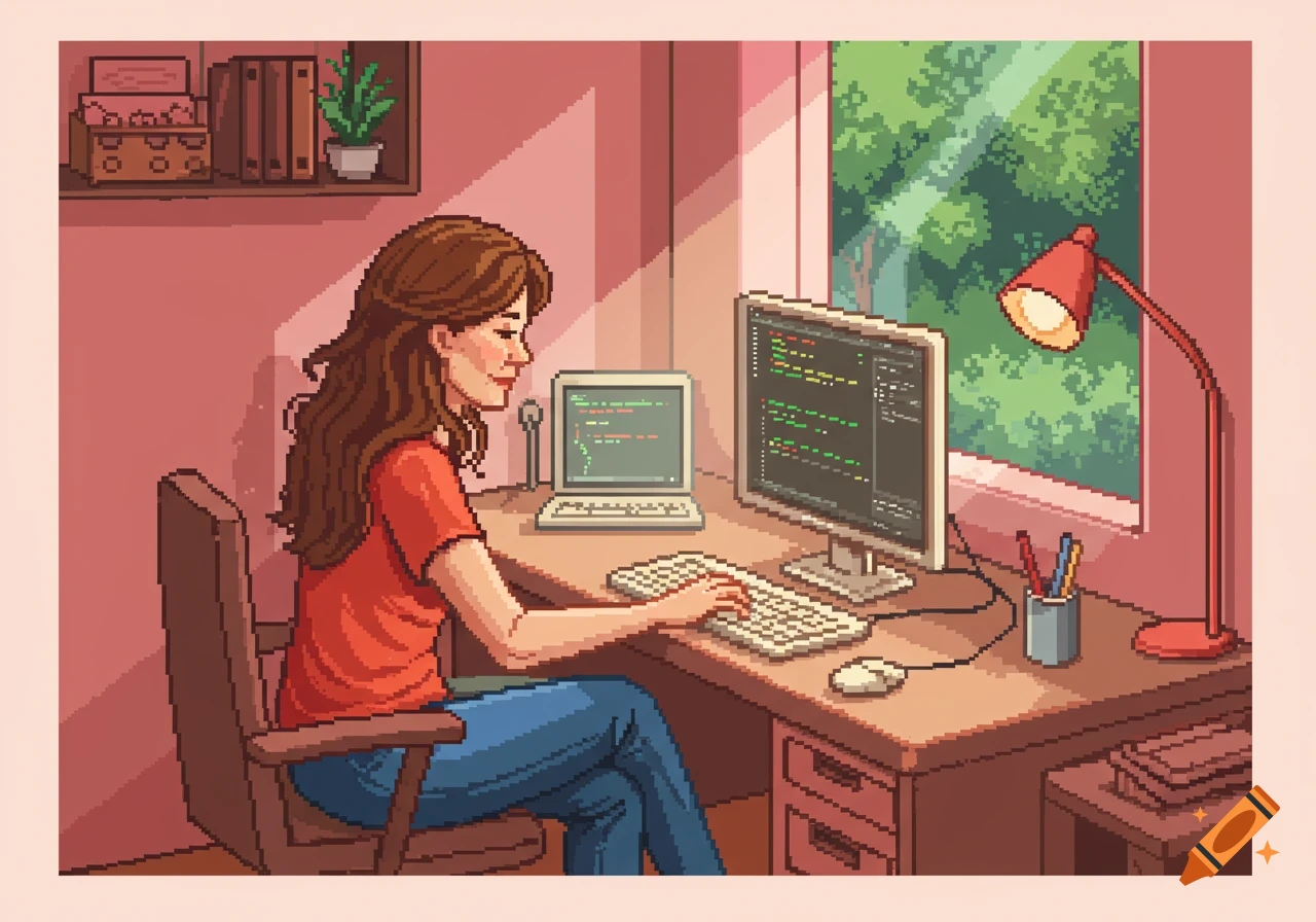 16-bit pixel art of a woman programming at a computer in a pink-walled room with a window showing green trees.