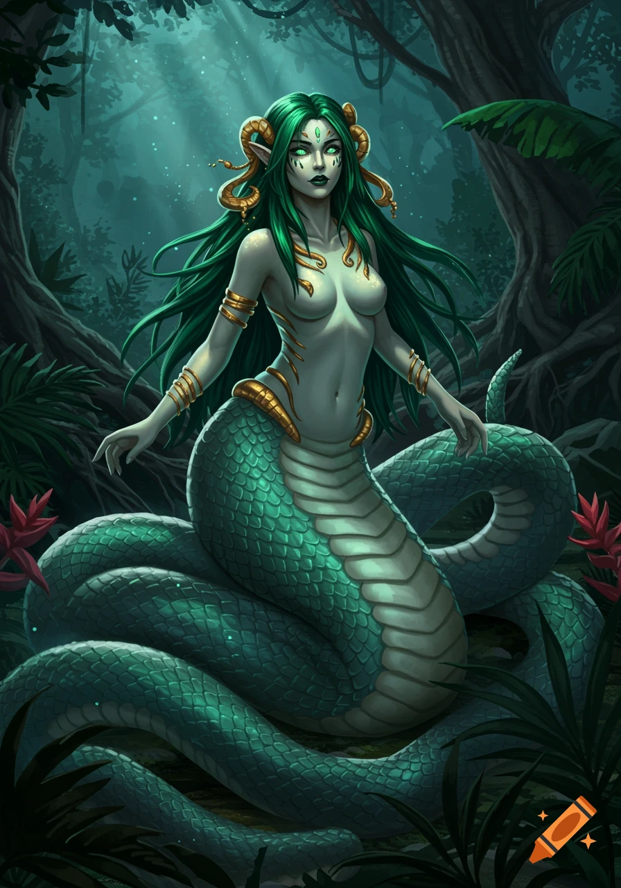 A fantasy illustration of a green-haired snake woman with emerald eyes and golden horns, adorned with jewelry, in a lush jungle.