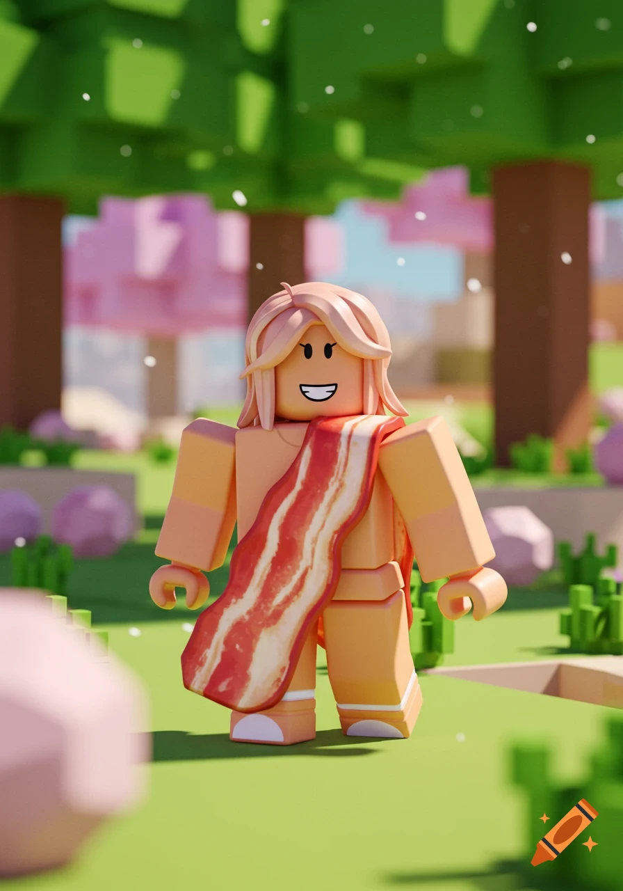 A smiling Roblox character, styled as a 'bacon girl' with a bacon strip across its body, standing in a blocky outdoor environment with trees and grass.