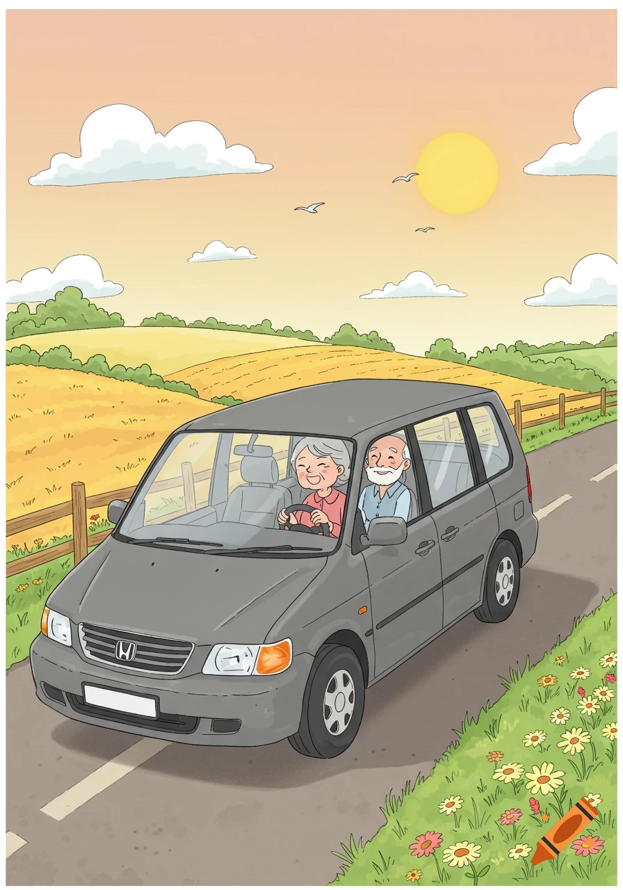 A cartoon of an elderly woman driving a grey minivan with an elderly man in the passenger seat through a sunny countryside.