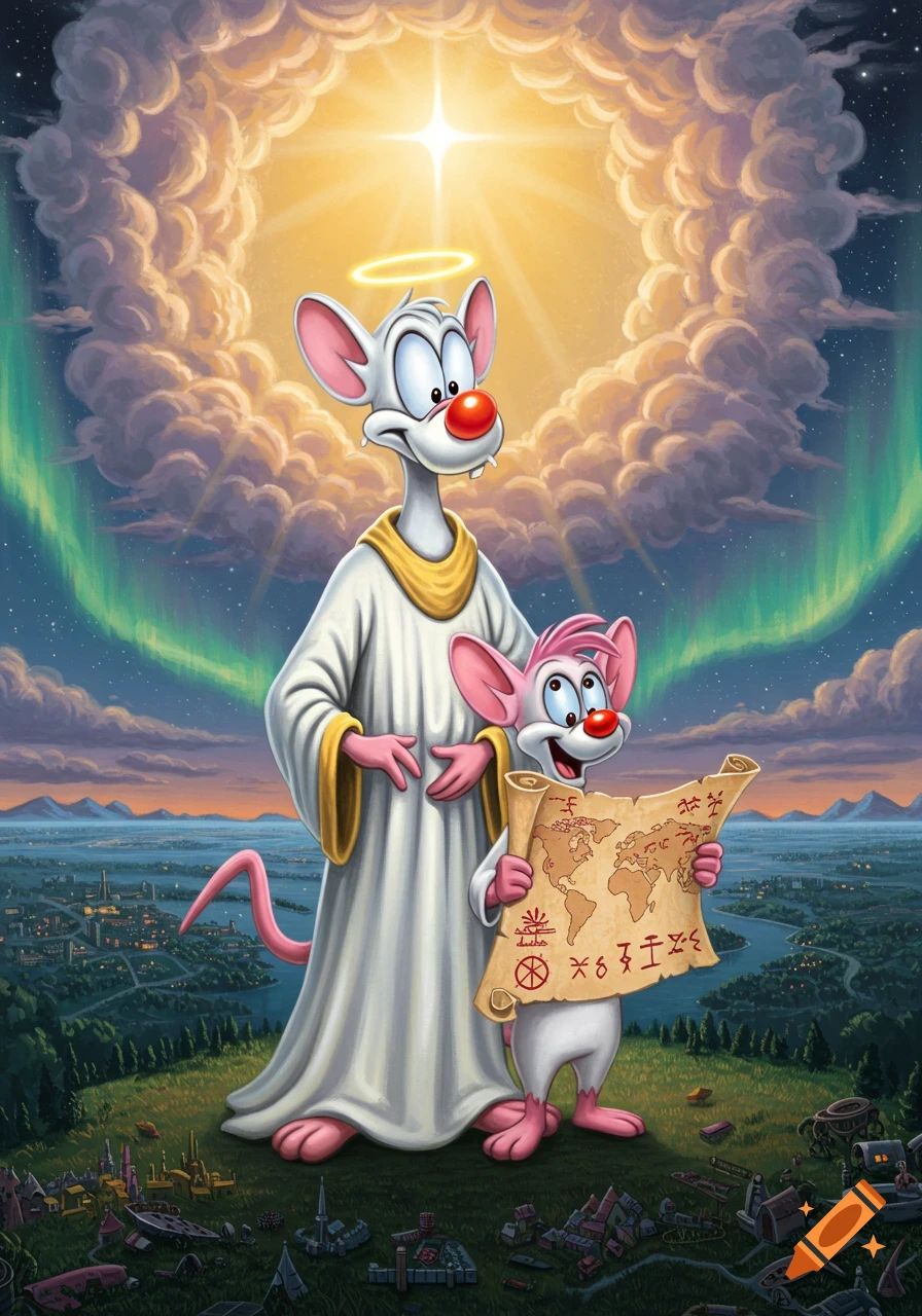 Pinky and the Brain cartoon characters standing on a hill above a city under a celestial sky. Brain wears a white robe and halo, while Pinky holds a map of the world.