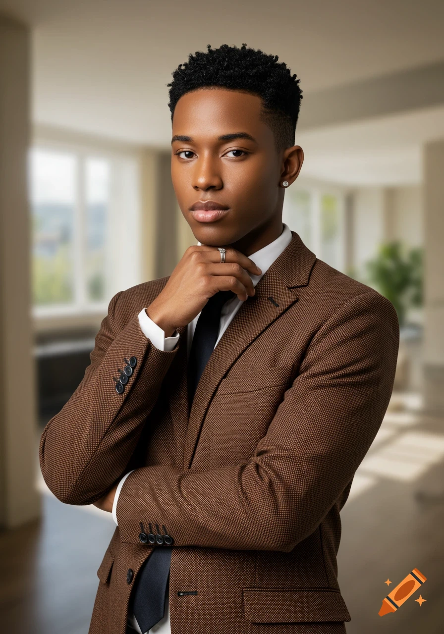 A young man in a brown suit with a white shirt and dark tie, posing with his hand on his chin in an office setting.
