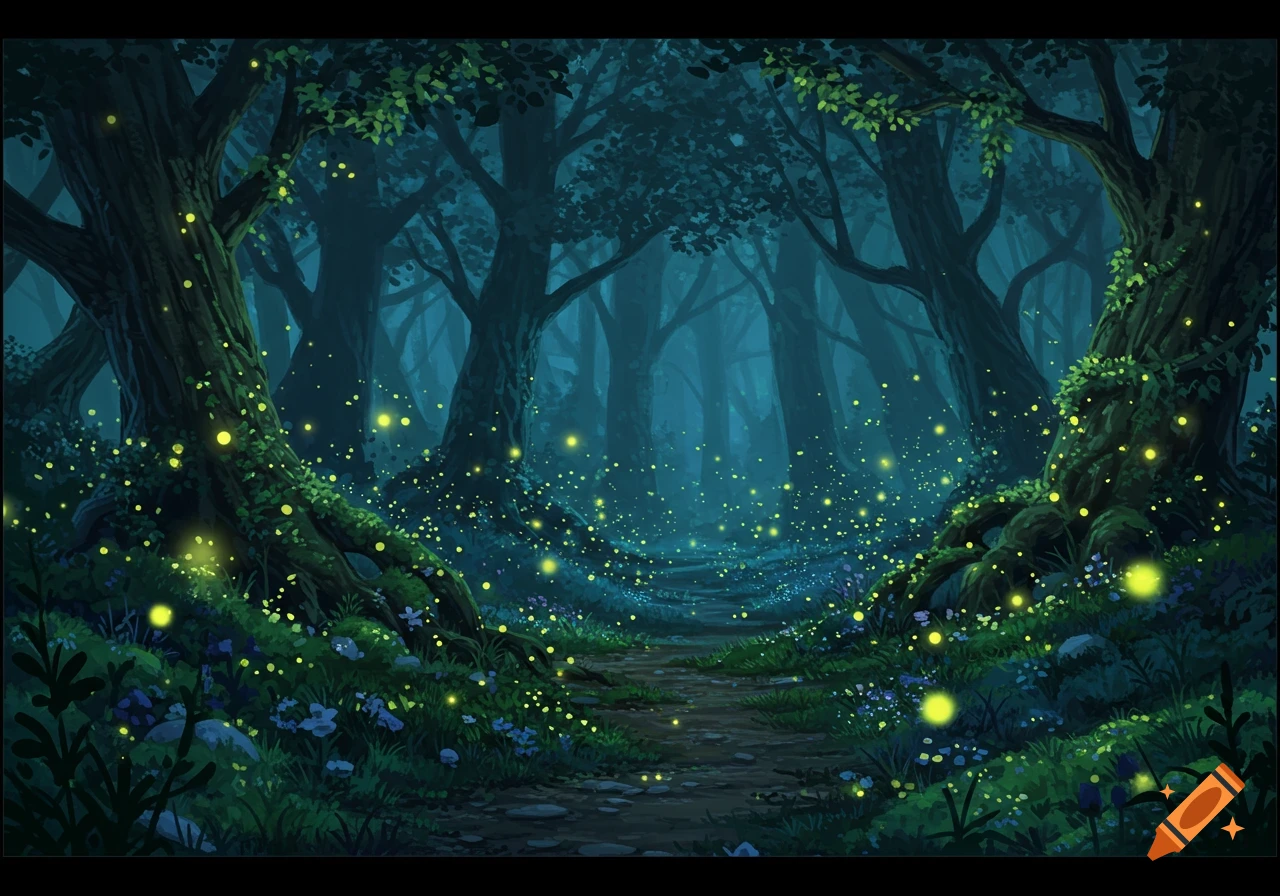 A whimsical, illustrated forest path at night, illuminated by numerous glowing fireflies and faint moonlight filtering through tall trees.