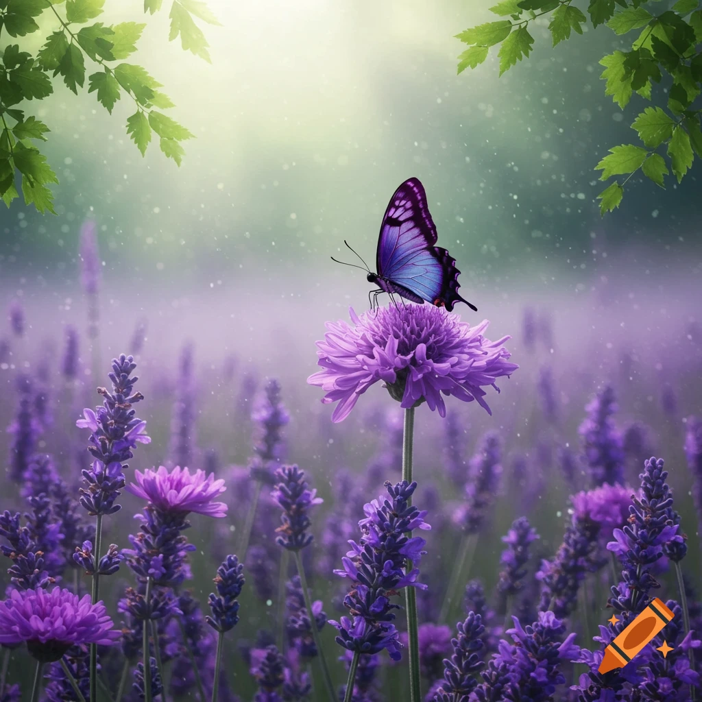 A vibrant purple butterfly rests on a lavender flower in a field of purple flowers, with green leaves framing the top.