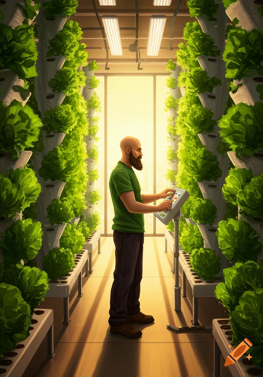 A bald, bearded man interacts with a control panel amidst rows of vibrant green lettuce in a modern vertical farm, bathed in warm light.