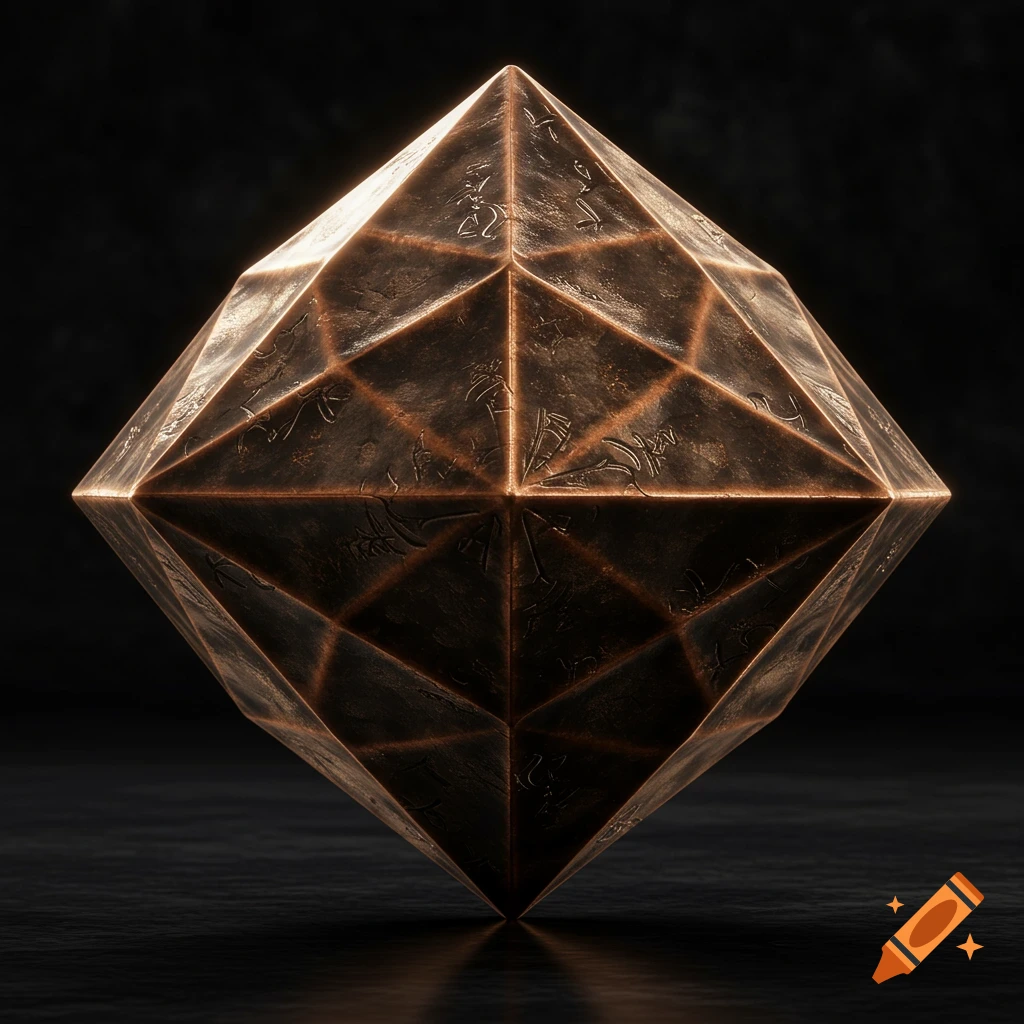 A multifaceted bronze diamond-like gem with intricate etched patterns, reflecting light on a dark surface.