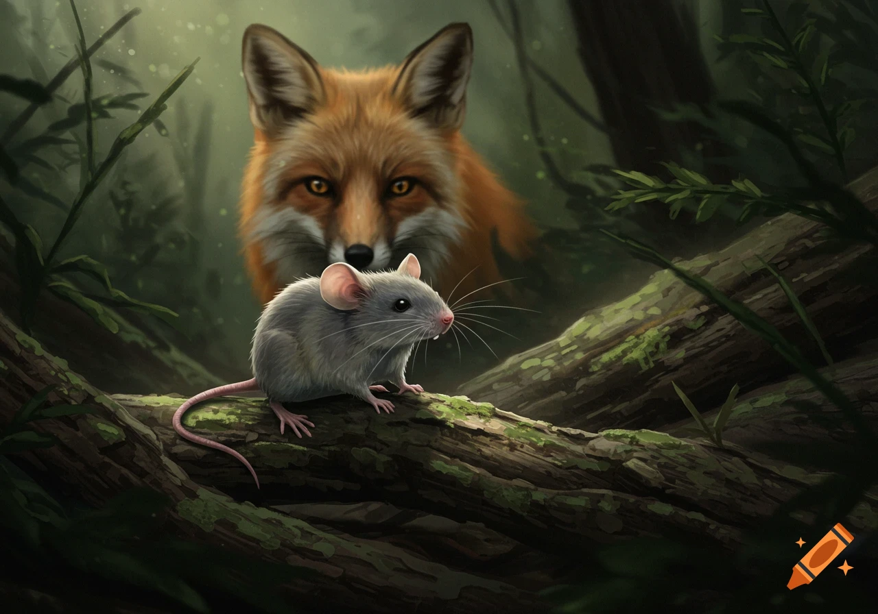 A small gray mouse on a mossy log with an ominous red fox peering from the dark forest behind, digital painting style.