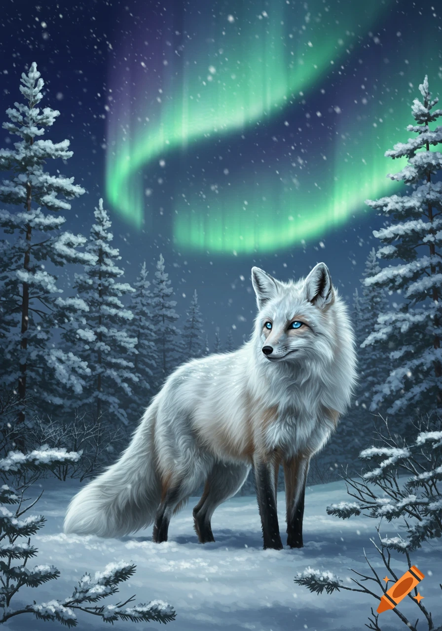 A white fox with blue eyes stands in a snowy forest under a green aurora borealis as snow falls. Digital painting.