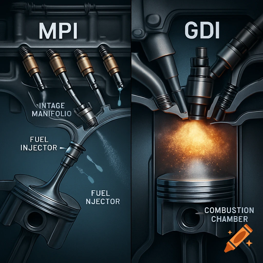 A detailed technical diagram comparing Multi-Point Injection (MPI) and Gasoline Direct Injection (GDI) engine designs, showing fuel paths.