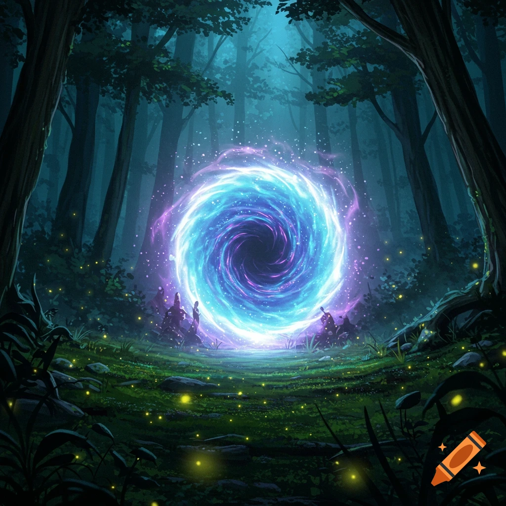 A vibrant blue and purple swirling magic portal in a dark, mystical forest with glowing fireflies.