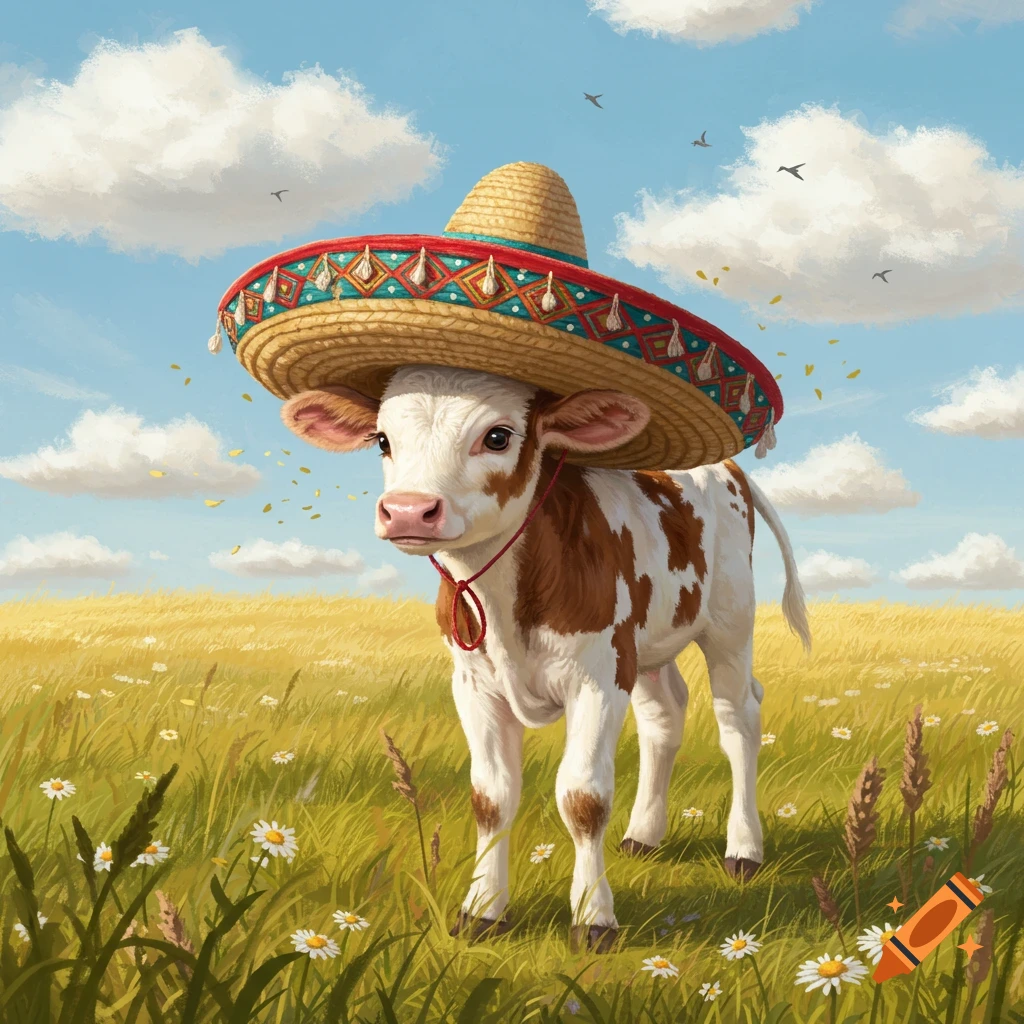 An illustrated baby cow wearing a sombrero stands in a sunny field with white flowers under a blue sky.