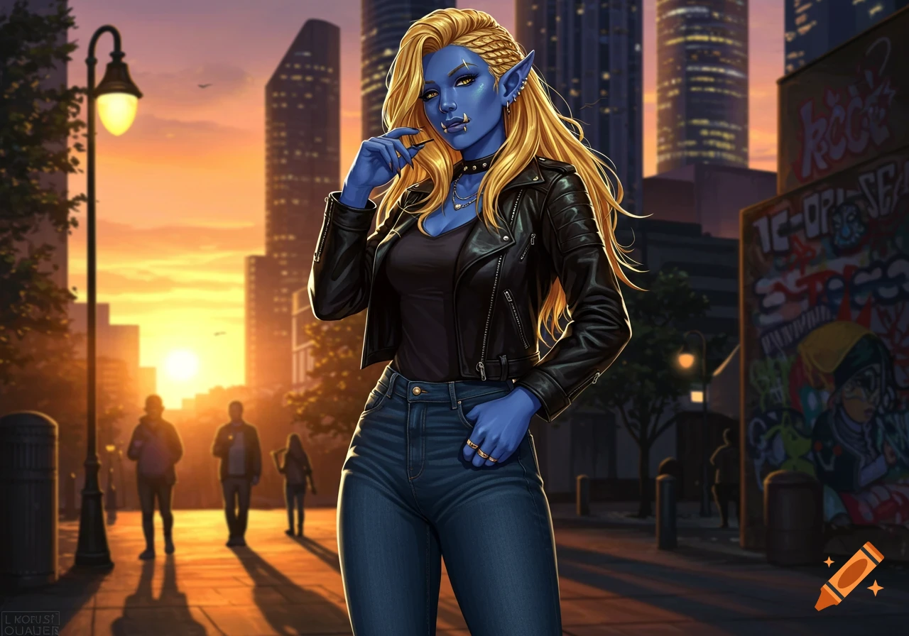 A blue-skinned orc woman with blonde hair, dressed in a black leather jacket and jeans, stands on a city street at sunset.