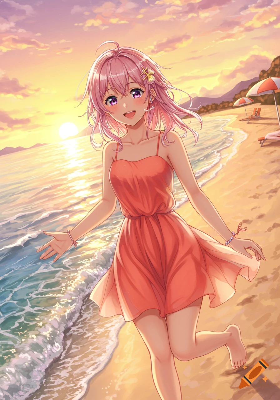 An anime woman with pink hair in a dress smiles on a sunlit beach at sunset with waves.